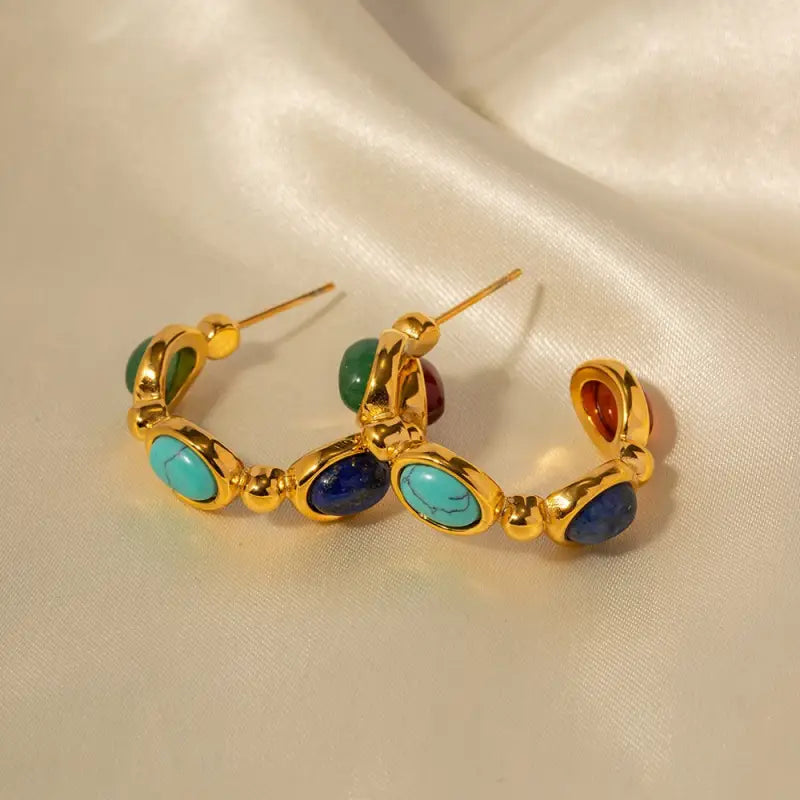 18k Gold Classic Retro C-shaped Gemstone Earrings All Gold-toned Hoop Earrings Adorned Vibrant Female Adults