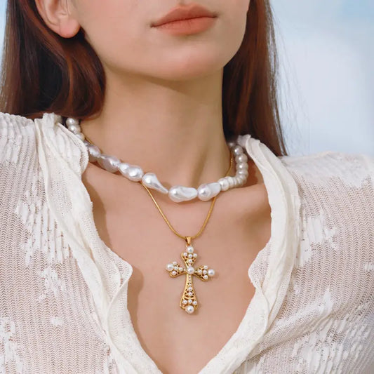 18k Gold Cross Pearl Necklace - Elegant Faith Symbol All Delicate Gold Cross Pendant Necklace Female Adults