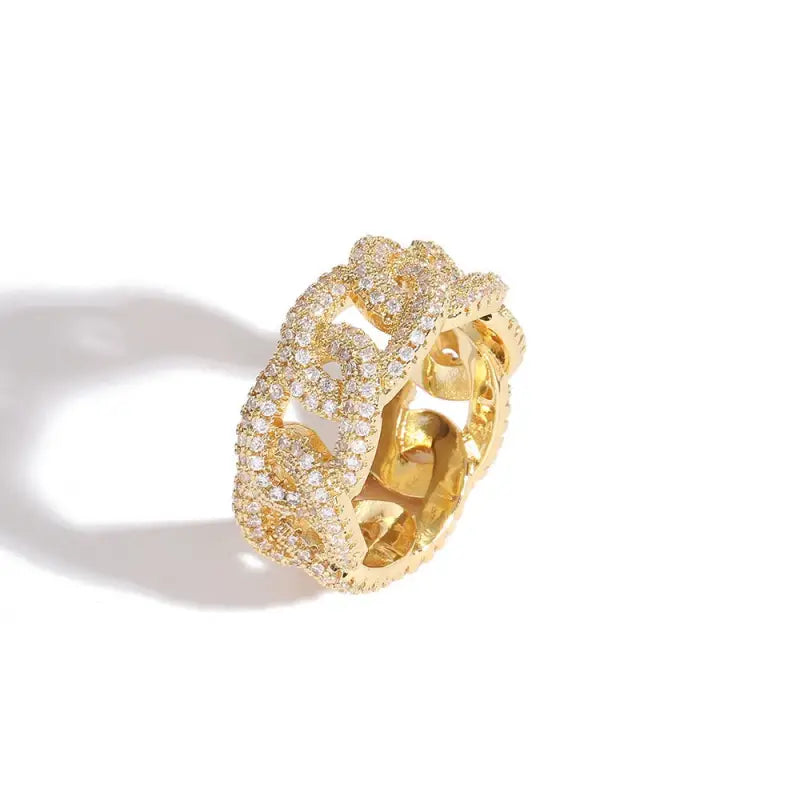 18k Gold Cuban Chain Ring with Zircon - Luxury Link All Gold-toned Ring Bold Intricate Chain-link Female Adults