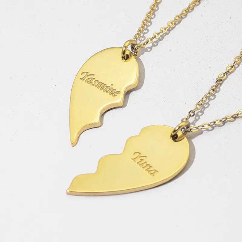 18k gold heart pendant necklaces with personalised names jasmine and kira