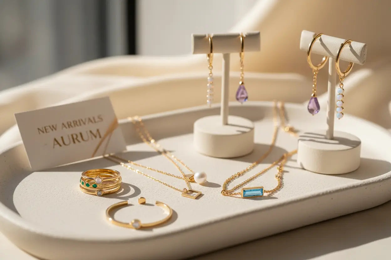 New arrivals: 18k gold hoop earrings with purple and white gemstone pendants
