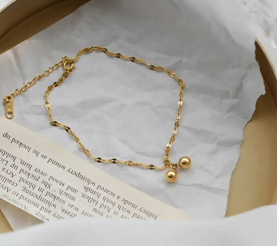 18k Gold Ball Starry Design Anklet - Retro Mori Style All Gold-toned Anklet Delicate Chain Two Female Teens