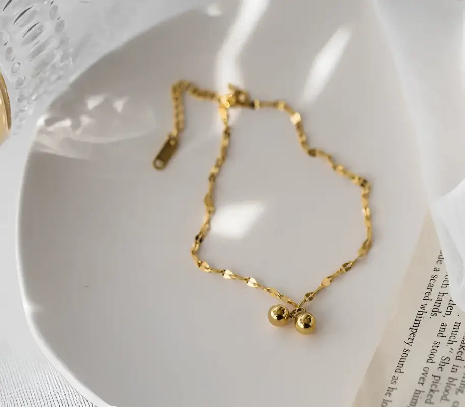 18k Gold Ball Starry Design Anklet - Retro Mori Style All Gold-toned Chain Anklet Two Spherical Female Teens