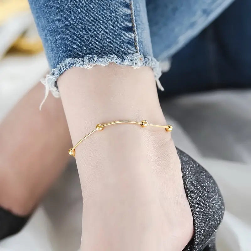 18k Gold Beaded Anklet - Exquisite Light Luxury Design All Delicate Gold-toned Ankle Bracelet Slender Female Teens