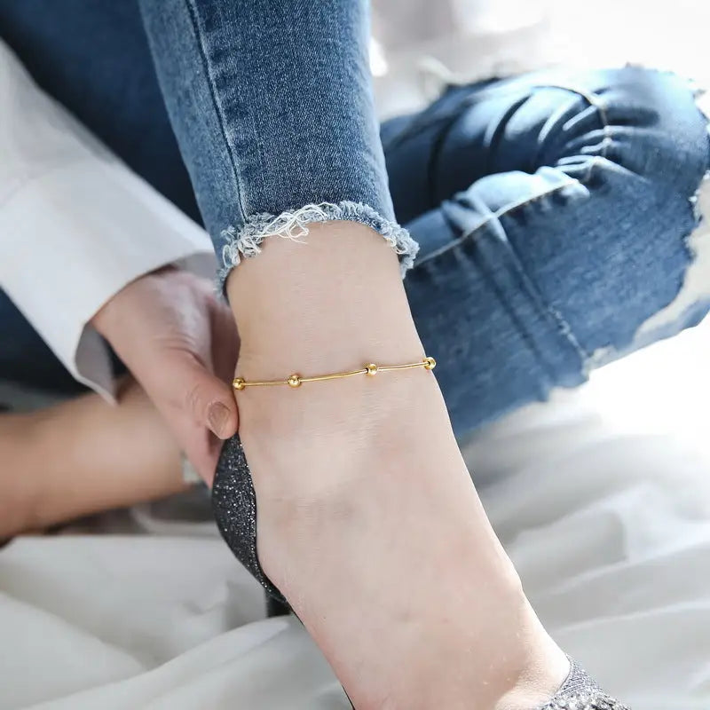 18k Gold Beaded Anklet - Exquisite Light Luxury Design All Gold-toned Ankle Bracelet Spherical Beads Female Teens