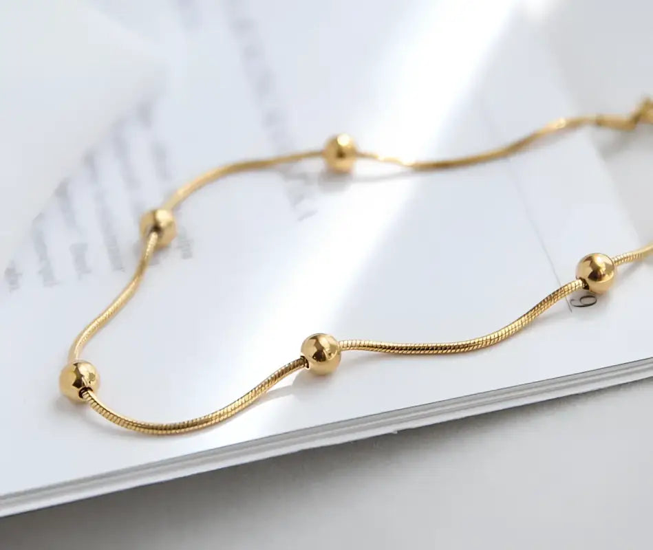 18k Gold Beaded Anklet - Exquisite Light Luxury Design All Gold-toned Snake Chain Necklace Evenly Female Teens