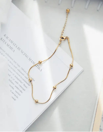 18k Gold Beaded Anklet - Exquisite Light Luxury Design All Gold-toned Snake Chain Anklet Spherical Female Teens