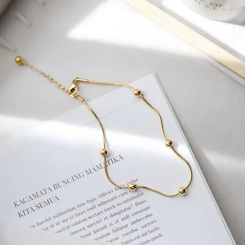 18k Gold Beaded Anklet - Exquisite Light Luxury Design All Gold-toned Snake Chain Anklet Adorned Female Teens