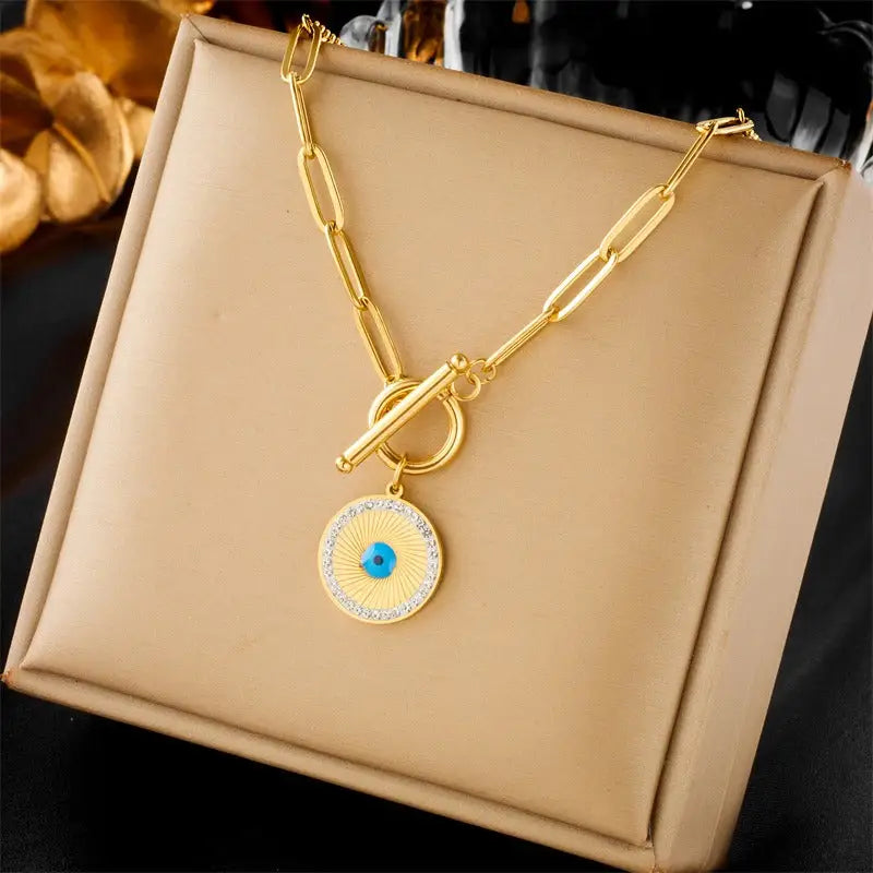 18k Gold Blue Devil’s Eye Gemstone Necklace | Luxury Protection Pendant All Gold Chain Necklace Blue-eyed Pendant