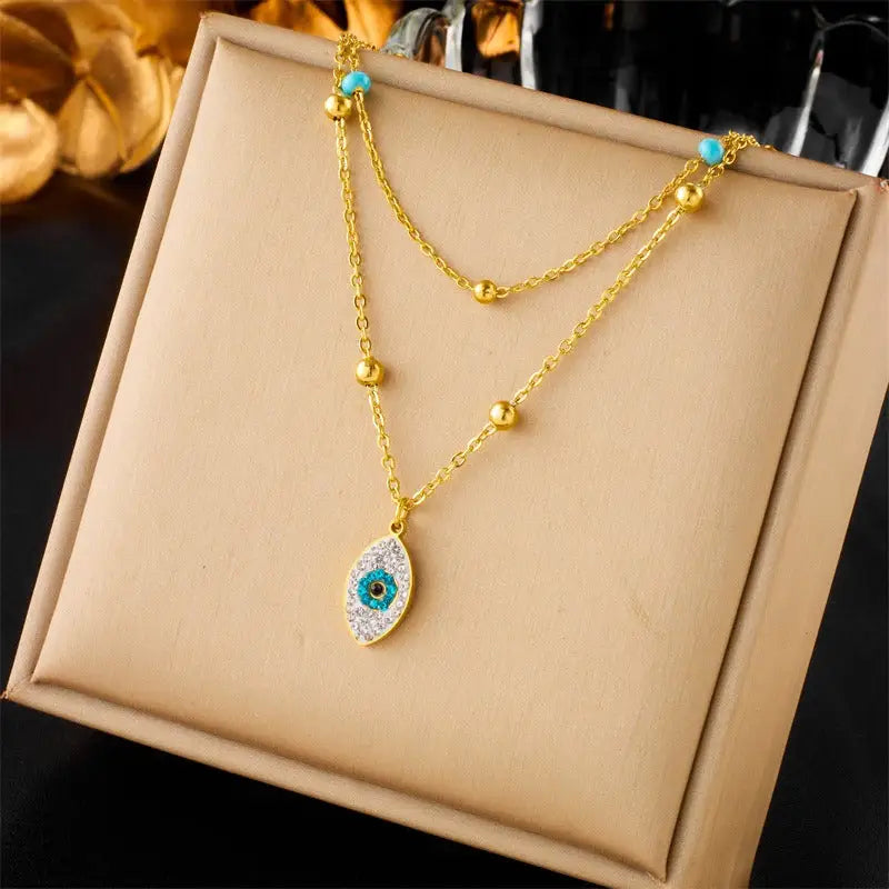 18k Gold Blue Devil’s Eye Gemstone Necklace | Luxury Protection Pendant All Gold-toned Double-layer Necklace Turquoise
