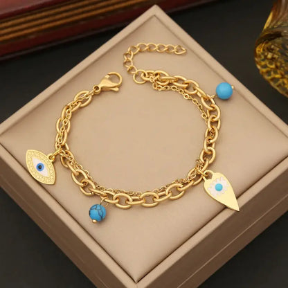 18k Gold Blue Evil Eye Jewellery Set | Bracelet Earrings & Ring Protection All Gold-toned Chain Bracelet Adorned