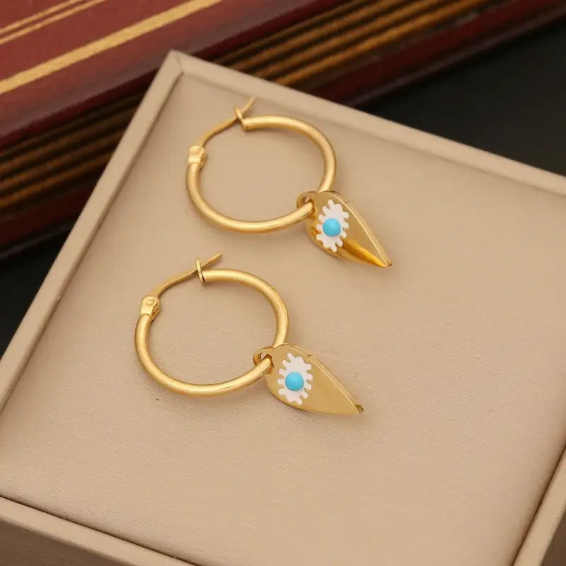 18k Gold Blue Evil Eye Jewellery Set | Bracelet Earrings & Ring Protection All Gold Hoop Earrings Turquoise-centered