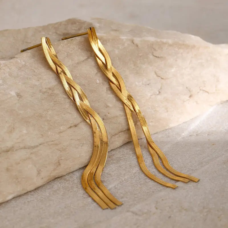 18k Gold Braid Earrings - Twisted Woven Design All Gold-colored Braided Chain Earrings Sleek Female Adults