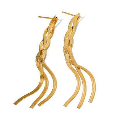 18k Gold Braid Earrings - Twisted Woven Design All Gold-colored Braided Chain Earrings Sleek Female Adults