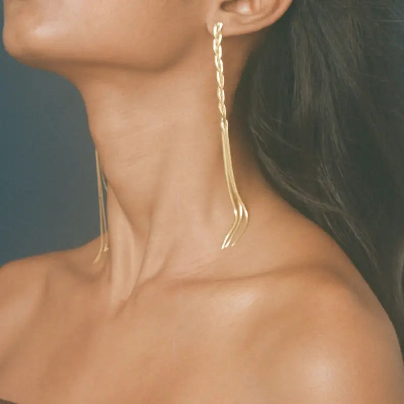 18k Gold Braid Earrings - Twisted Woven Design All Gold-toned Twisted Chain Sleek Elongated Female Adults