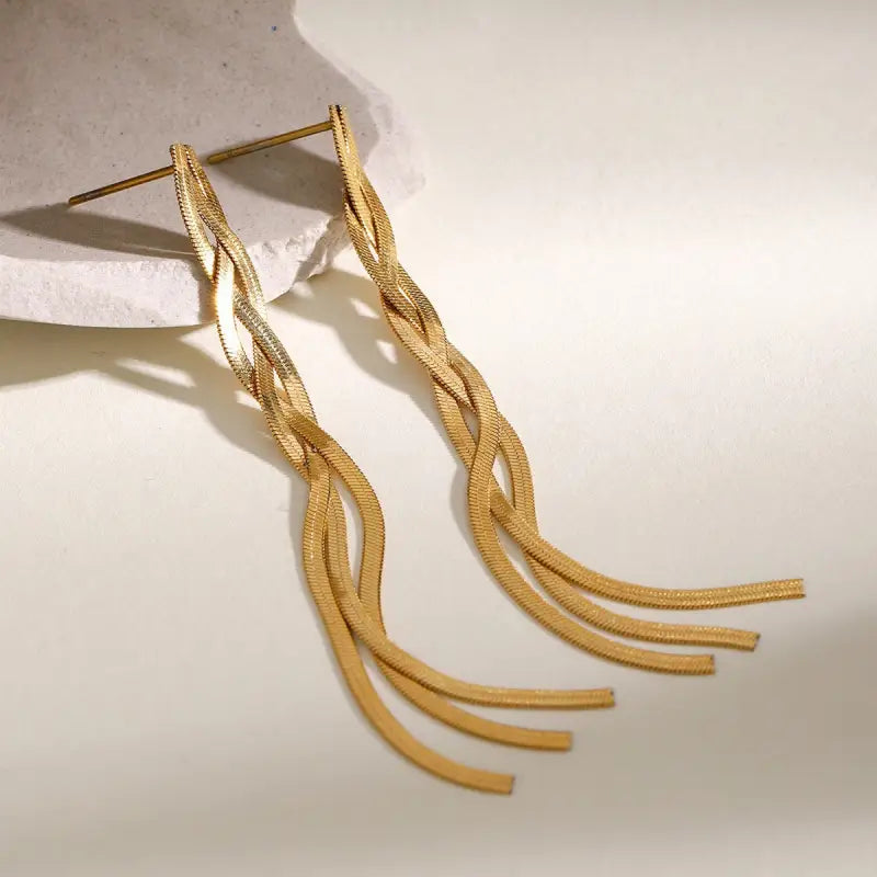 18k Gold Braid Earrings - Twisted Woven Design All Gold-colored Braided Chain Earrings Sleek Female Adults