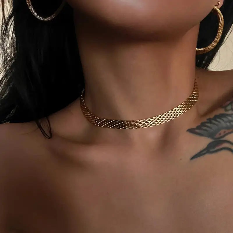 18k Gold Braided Necklace - Elegant Woven Chain All Gold-toned Woven Mesh Choker Necklace Female Adults