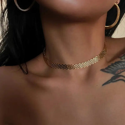 18k Gold Braided Necklace - Elegant Woven Chain All Gold-toned Woven Mesh Choker Necklace Female Adults