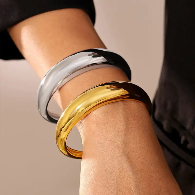 18k Gold C-shaped Bracelet - Theora & All Two Sleek Polished Metal Bangles—one Unisex Adults