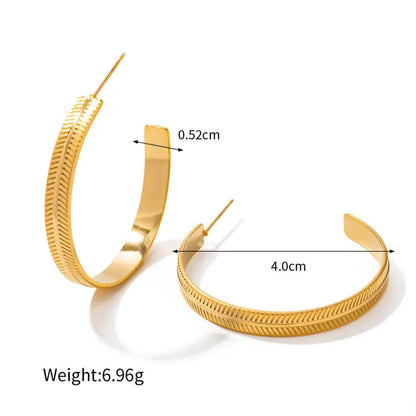 18k Gold Circle Hoop Earrings | Large Textured Leaf Design Hoops All Gold-toned Hoop Earrings Textured Ribbed Female