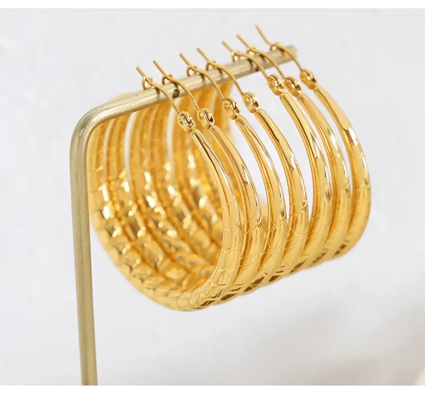 18k Gold Circle Hoop Earrings | Textured Woven Pattern Statement Hoops All Set Gold-colored Textured Hoop Earrings