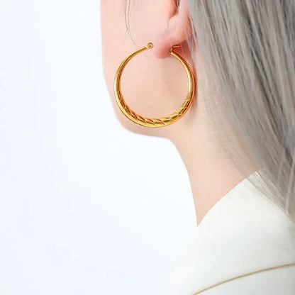 18k Gold Circle Hoop Earrings | Textured Woven Pattern Statement Hoops All Gold Hoop Twisted Braided Texture Female All
