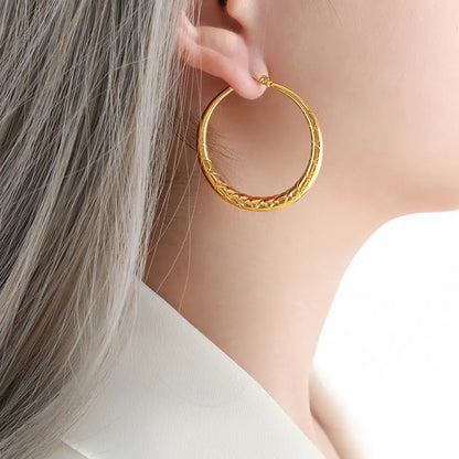 18k Gold Circle Hoop Earrings | Textured Woven Pattern Statement Hoops All Gold Hoop Textured Braided Pattern Female