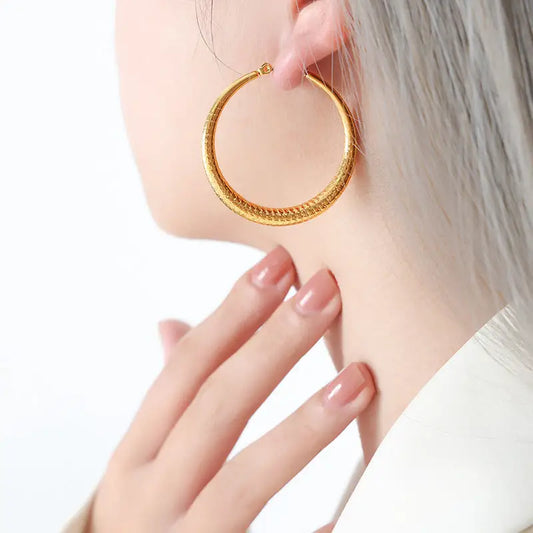 18k Gold Circle Hoop Earrings | Textured Woven Pattern Statement Hoops All Gold Hoop Textured Woven Pattern Female All