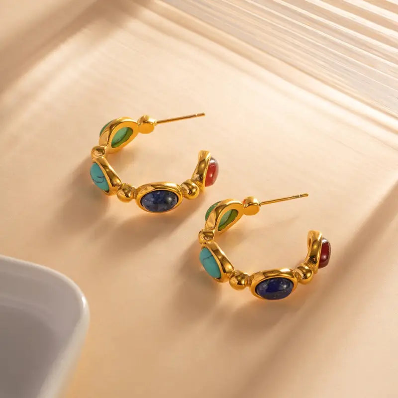 18k Gold Classic Retro C-shaped Gemstone Earrings All Gold-toned Hoop Earrings Adorned Vibrant Female Adults