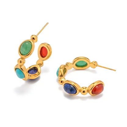18k Gold Classic Retro C-shaped Gemstone Earrings All Gold-toned Hoop Earrings Adorned Colorful Female Adults
