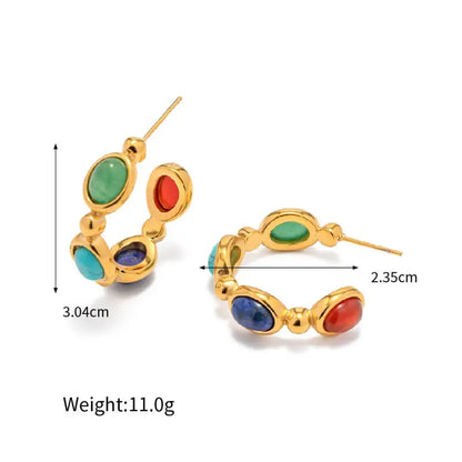 18k Gold Classic Retro C-shaped Gemstone Earrings All Gold-toned Hoop Earrings Oval-shaped Green Female Adults