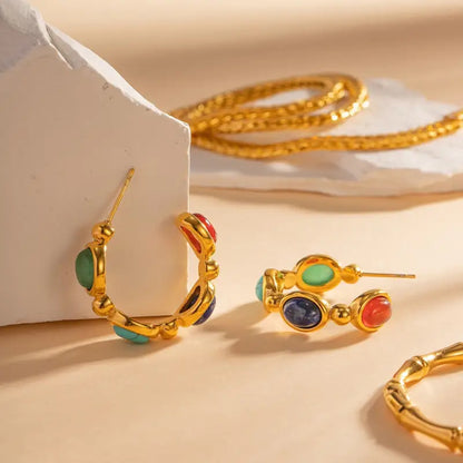18k Gold Classic Retro C-shaped Gemstone Earrings All Gold Hoop Earrings Adorned Colorful Female Adults