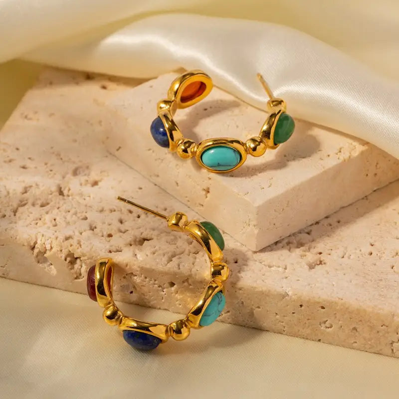 18k Gold Classic Retro C-shaped Gemstone Earrings All Gold Hoop Earrings Colorful Stones Female Adults