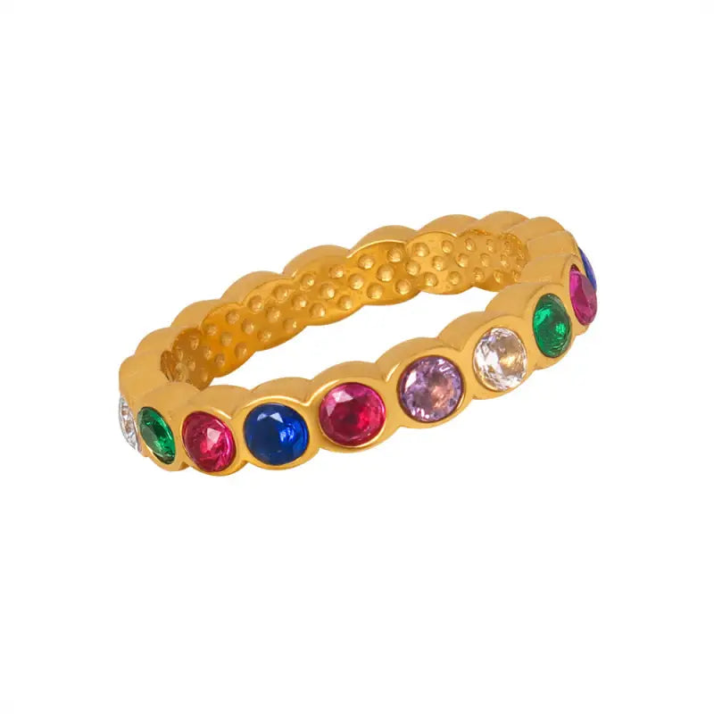 18k Gold Colorful Zircon Ring | Exquisite Multi-stone Design Women’s Jewellery All Gold Band Ring Adorned Vibrant