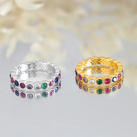 18k Gold Colorful Zircon Ring | Exquisite Multi-stone Design Women’s Jewellery All Two Gemstone Eternity Rings Female