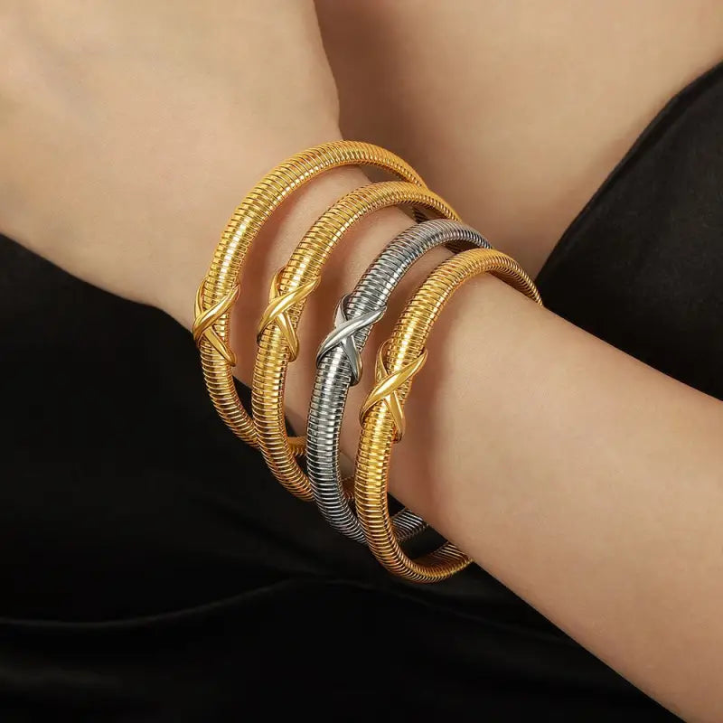 18k Gold Cross Adjustable Bangle Bracelet | Four Coil Design Luxury Jewellery All Set Three Elegant Interwoven