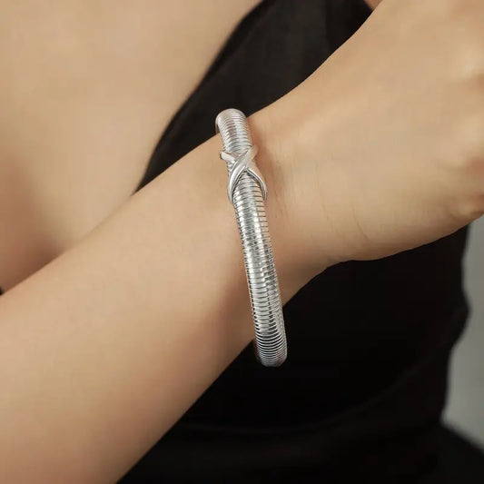 18k Gold Cross Adjustable Bangle Bracelet | Four Coil Design Luxury Jewellery All Silver Snake-like Bangle Twisted Knot