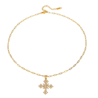 18k Gold Cross Gemstone Inlay Necklace - Theora & All Gold-toned Chain Necklace Cross Pendant Unisex Adults