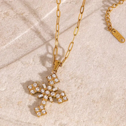 18k Gold Cross Gemstone Inlay Necklace - Theora & All Gold-toned Cross Pendant Necklace Adorned Unisex Adults