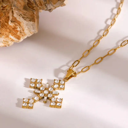 18k Gold Cross Gemstone Inlay Necklace - Theora & All Gold-toned Cross Pendant Necklace Clear Unisex Adults