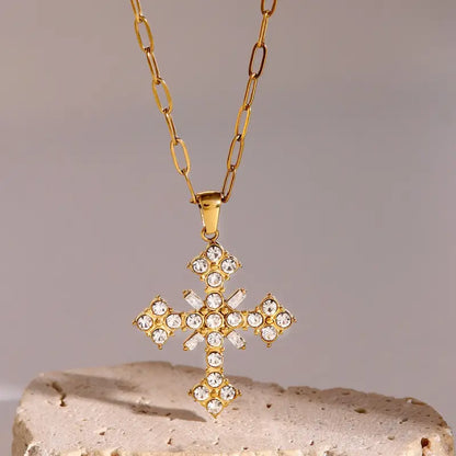 18k Gold Cross Gemstone Inlay Necklace - Theora & All Gold Cross Pendant Necklace Crystals Unisex Adults