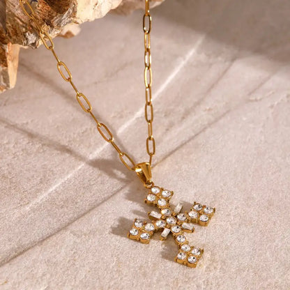 18k Gold Cross Gemstone Inlay Necklace - Theora & All Gold-toned Cross Necklace Chain Adorned Unisex Adults