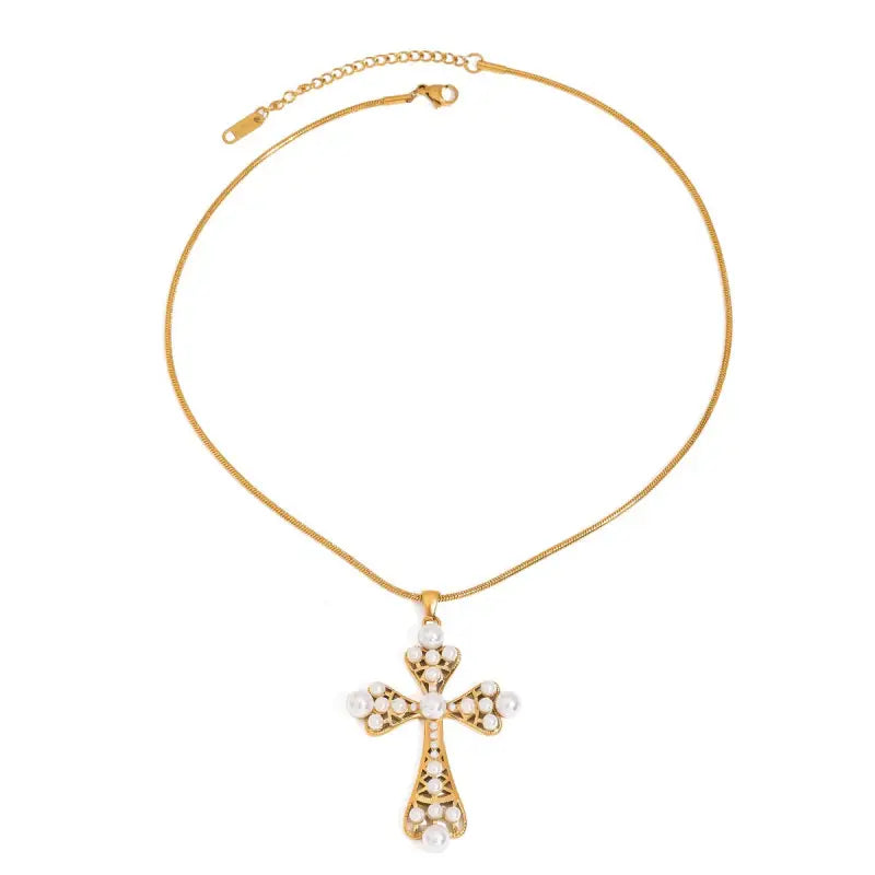 18k Gold Cross Pearl Necklace - Elegant Faith Symbol All Gold-toned Cross Necklace Intricate Filigree Female Adults