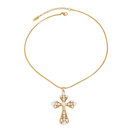 18k Gold Cross Pearl Necklace - Elegant Faith Symbol All Gold-toned Cross Necklace Intricate Filigree Female Adults