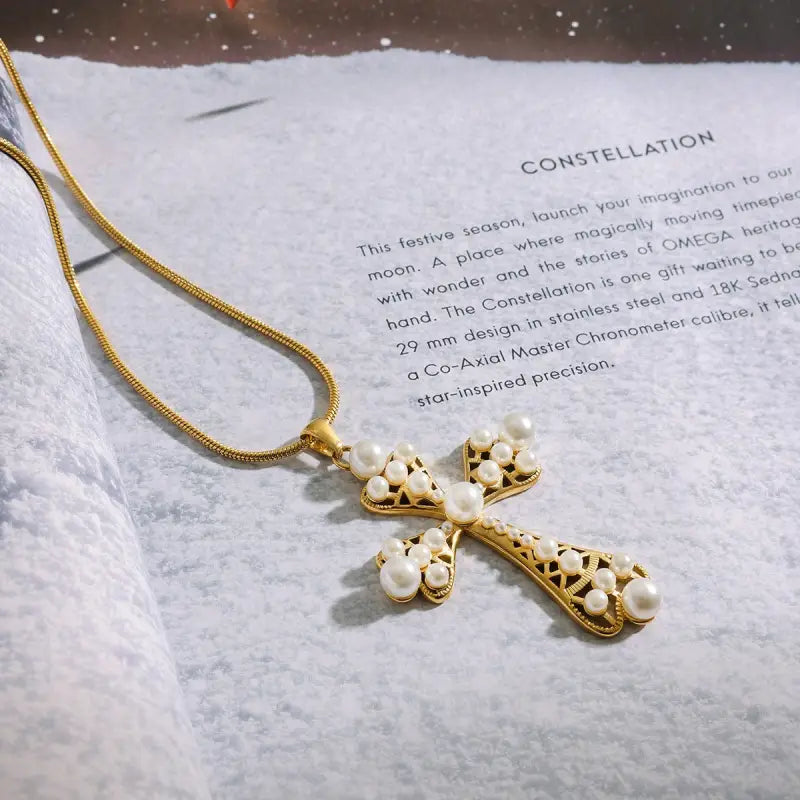 18k Gold Cross Pearl Necklace - Elegant Faith Symbol All Gold Cross Pendant Necklace Adorned Female Adults