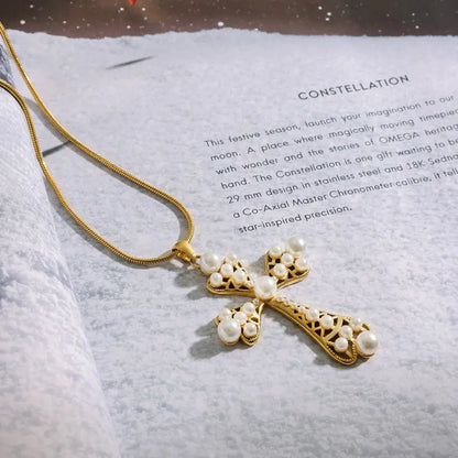 18k Gold Cross Pearl Necklace - Elegant Faith Symbol All Gold Cross Pendant Necklace Adorned Female Adults
