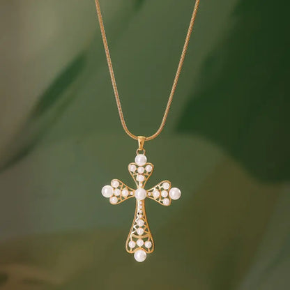 18k Gold Cross Pearl Necklace - Elegant Faith Symbol All Gold Cross Necklace Adorned White Female Adults