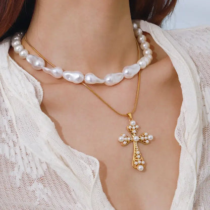 18k Gold Cross Pearl Necklace - Elegant Faith Symbol All Delicate Gold Cross Pendant Adorned Female Adults