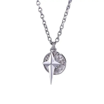 18k Gold Cross Ring Pendant Necklace - Luxury High-end All Silver Compass Rose Pendant Necklace Male Adults
