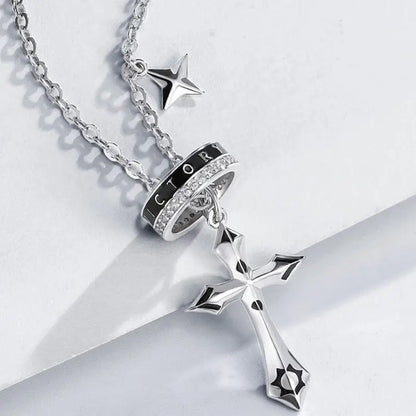 18k Gold Cross Ring Pendant Necklace - Luxury High-end All Silver Cross Pendant Black Enamel Male Adults